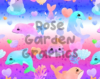 Dolphin Fun Seamless Image, Seamless Pattern Paper Digital Papers Custom Fabric Printing File Clipart Design girly girls colorful rainbow