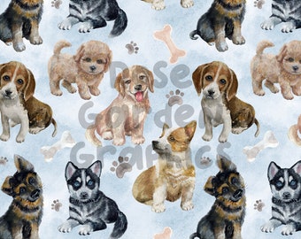 Puppies Seamless Image Pattern Paper, Digital Papers, Custom Fabric Printing File, Clipart Design, dogs boy boys dog puppy cute watercolor