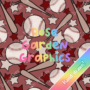 Puede incluir: Un patrón sin costuras con pelotas de béisbol, bates y estrellas sobre un fondo marrón. El patrón está dibujado a mano e incluye el texto "Rose Garden Graphics".