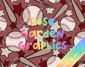 Red Baseball Crayon Seamless Image Pattern Paper, Digital Papers, Custom Fabric Printing File Clipart Design handdrawn boy sports ball stars