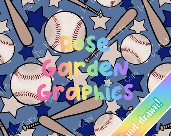 Blue Baseball Crayon Seamless Image Pattern Paper, Digital Papers Custom Fabric Printing File Clipart Design handdrawn boy sports ball stars