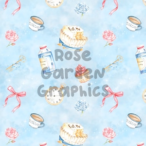 Fairy Tale Girl Image, Seamless Pattern Paper, Digital Papers, Custom Fabric Printing File, Clipart Design, Movies, Rabbit, Bows, Mugs