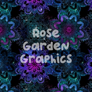 Puede incluir: Un patrón sin costuras que presenta intrincados diseños de mandalas en tonos azules, morados y blancos sobre un fondo negro. Las mandalas tienen una apariencia galáctica con un efecto brillante.