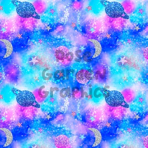 Sparkle Galaxy Seamless Image Pattern Paper, Digital Papers, Custom Fabric Printing File, Clipart Design, hand drawn glittery planets