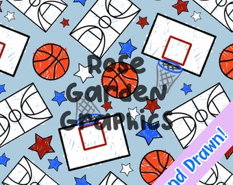 Puede incluir: Un patrón sin costuras que presenta balones de baloncesto, canastas de baloncesto y estrellas dibujados a mano en rojo, azul y blanco sobre un fondo azul claro. El texto "Hand Drawn!" está en la esquina inferior derecha.