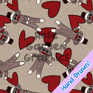 May include: A seamless pattern featuring sock monkey illustrations with red hearts on a brown background. The text "Hand Drawn!" is in the lower right corner of the image.