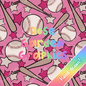 Pink Baseball Crayon Seamless Image Pattern Paper Digital Papers Custom Fabric Printing File Clipart Design handdrawn girl sports ball stars