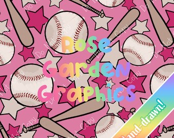 Pink Baseball Crayon Seamless Image Pattern Paper Digital Papers Custom Fabric Printing File Clipart Design handdrawn girl sports ball stars