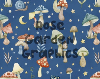 Mushroom Magic Seamless Image, Pattern Paper, Digital Papers, Custom Fabric Printing File, Clipart Design, cottagecore night stars fungi