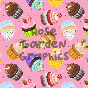 Cupcakes Seamless Image, Pattern Paper, Digital Papers, Custom Fabric Printing File, Clipart Design, pink, girly, watercolor, girl, party