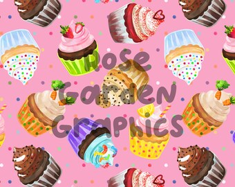 Cupcakes Seamless Image, Pattern Paper, Digital Papers, Custom Fabric Printing File, Clipart Design, pink, girly, watercolor, girl, party