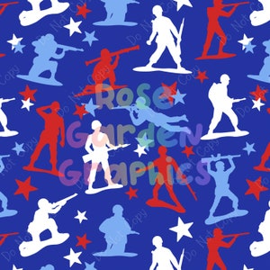 May include: A seamless pattern featuring red, white, and blue toy soldier silhouettes on a blue background. The soldiers are in various poses, holding guns and standing on a blue background. There are white stars scattered throughout the pattern.