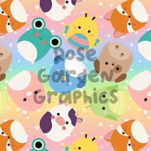 Süße Tiere Nahtloses Bild, Nahtloses Musterpapier, digitale Papiere, benutzerdefinierte Stoffdruckdatei, Clipart Design, mädchenhafte Regenbogen Mädchen squish