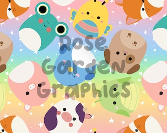 Cute Animals Seamless Image, Seamless Pattern Paper, Digital Papers, Custom Fabric Printing File, Clipart Design, girly rainbow girls squish