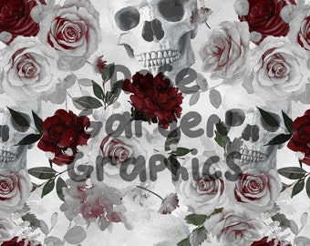 White Floral Skulls Seamless Image, Seamless Pattern Paper, Digital Papers, Custom Fabric Printing File, Clipart Design, halloween, flowers
