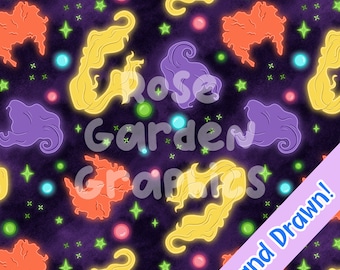 Three Witches Seamless Image, Seamless Pattern Paper, Digital Papers, Custom Fabric Printing File, Clipart Design, Halloween, witch, glow