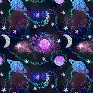 Sparkle Galaxy Dark Seamless Image Pattern Paper, Digital Papers, Custom Fabric Printing File, Clipart Design, hand drawn glittery planets
