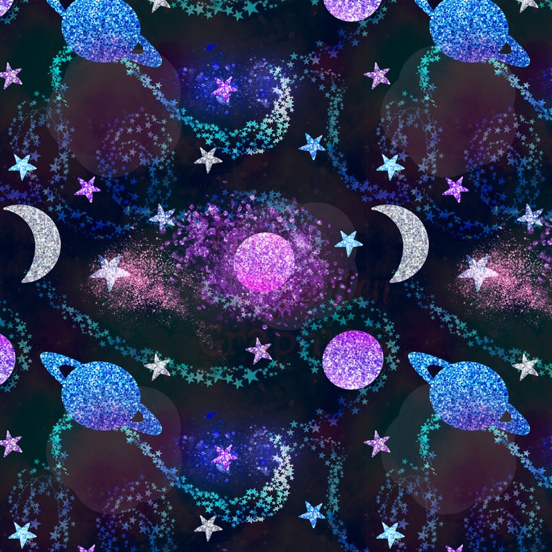 Sparkle Galaxy Dark Seamless Image Pattern Paper, Digital Papers, Custom Fabric Printing File, Clipart Design, hand drawn glittery planets image 1