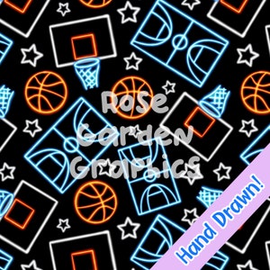 Basketball Glow Seamless Image Pattern Paper, Digital Papers, Custom Fabric Printing File, Clipart Design, handdrawn boy sports ball neon