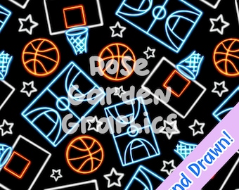 Basketball Glow Seamless Image Pattern Paper, Digital Papers, Custom Fabric Printing File, Clipart Design, handdrawn boy sports ball neon
