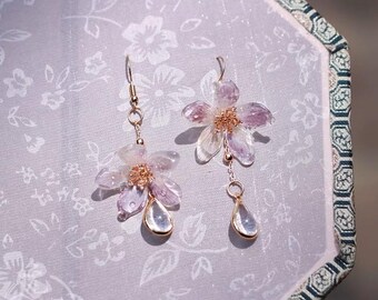 Golden Stamen Glittering Cherry Blossom Drop Earrings, arcylic flower earrings, unique cherry blossom earrings, wedding floral earrings