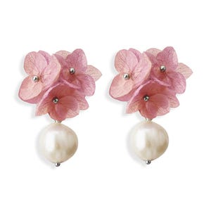 Hydrangea Mother of Pearl Earrings: silver finish, Real Flower