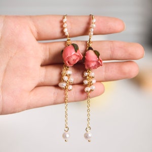 Pink Rose Freshwater Pearl Drop Earrings, Handmade Real Flower Jewelry, Handmade Real Rose Flower Earrings