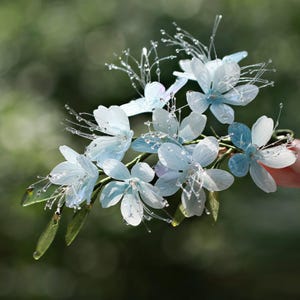 May include: A delicate cluster of light blue flowers with translucent petals and thin stems. The flowers are arranged in a cascading pattern, creating a delicate and airy look.
