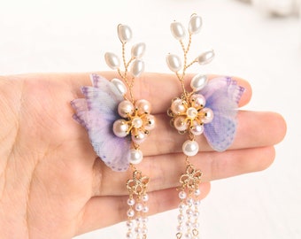 Butterfly Garden Natural Pearl Tassel Earrings,Handmade Freshwater Pearl Drop Earrings
