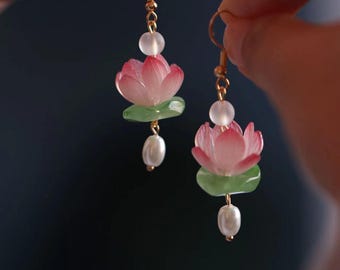 Lotus on a Lilypad Drop Earrings, waterlily flower earrings, wedding bridal earrings, Gift for Her, Handmade Earrings