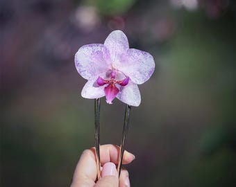 Echte Blüten Orchidee Französische Haarnadel, einzigartige florale Braut Accessoires, Jahrestag, Geburtstagsgeschenk, handgefertigter Haarstab