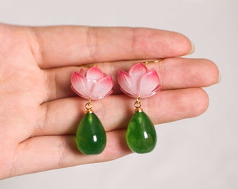 Waterlily Flower Tourmaline Drop Earrings, waterlily flower earrings, wedding bridal earrings, acrylic lightweight for daily wear