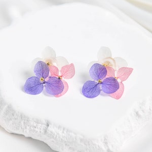 Three-Tone Hydrangea Flowers Stud, Handmade Real Flower Jewelry, Wedding Flower Earrings Gift, Dry Flower Earrings, Romantic Bridal Earrings