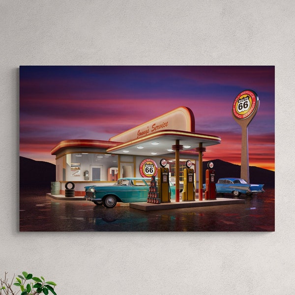 Photographie dessin vintage, station service avec voiture ancienne, Route 66 États-Unis USA, décoration maison, poster couleur rétro