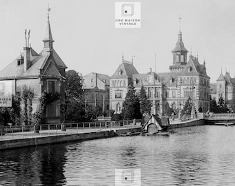 Old black and white photo, year 1930, vintage poster, La Poste and the Rhône-Rhine Canal Mulhouse , from a CAP glass plate negative