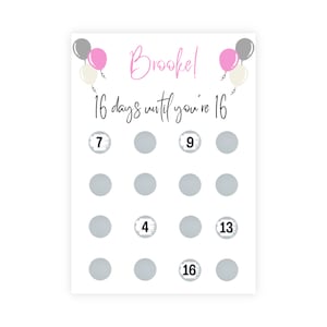 Birthday countdown Scratch card, Birthday gifts, A4 Print, Any age, Scratch a circle to reveal a number to find your gift, personalised Pink Balloons