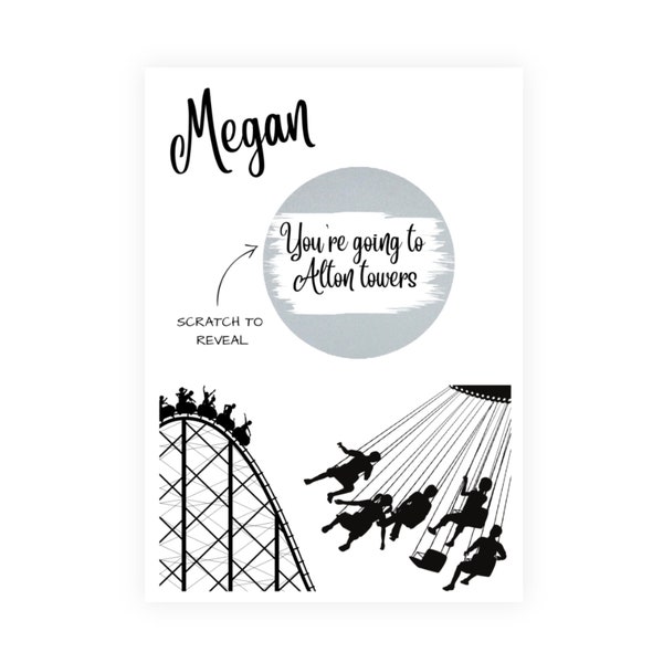 Personalised theme park announcement card, Birthday card, scratch card, Surprise card. Birthday surprise, Alton towers, Thorpe park