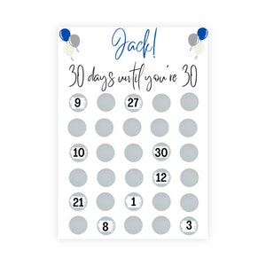 Birthday countdown Scratch card, Birthday gifts, A4 Print, Any age, Scratch a circle to reveal a number to find your gift, personalised Blue Balloons