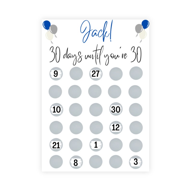 Birthday countdown Scratch card, Birthday gifts, A4 Print, Any age, Scratch a circle to reveal a number to find your gift, personalised Blue Balloons