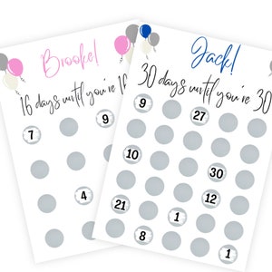 Birthday countdown Scratch card, Birthday gifts, A4 Print, Any age, Scratch a circle to reveal a number to find your gift, personalised image 1