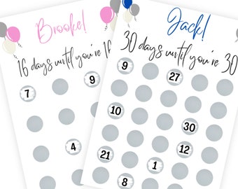 Birthday countdown Scratch card, Birthday gifts, A4 Print, Any age, Scratch a circle to reveal a number to find your gift, personalised