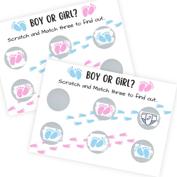 Gender reveal krasloten, Gender reveal, Jongen of meisje? , Babyshower, Gender reveal party, Jongen, Meisje, Kras en match 3 om erachter te komen.