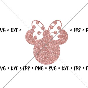 Könnte beinhalten: Eine rosa glitzernde Minnie Mouse Kopf-Silhouette mit einer weißen Tupfen Schleife.