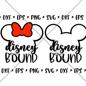 May include: Black and white silhouette of Mickey Mouse and Minnie Mouse with the text "disney BOUND" underneath each silhouette.