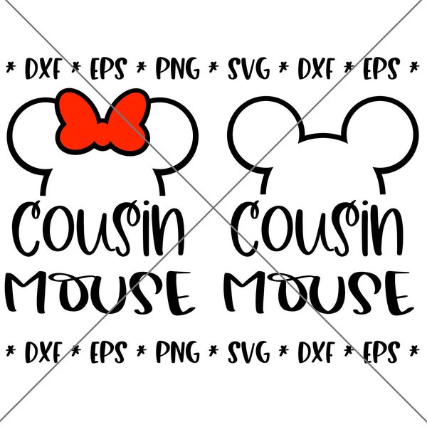 Może przedstawiać: Czarno-biały zarys uszu Myszki Miki z tekstem "Cousin Mouse" w czarnym, ozdobnym pismem. Zarys znajduje się obok czarno-białego zarysu uszu Myszki Minnie z czerwoną kokardką i tekstem "Cousin Mouse" w czarnym, ozdobnym pismem.