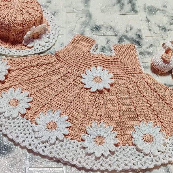 crochet daisy baby dress with hat and shoes, size 6 - 12 monthes , 2 digital download pdf files
