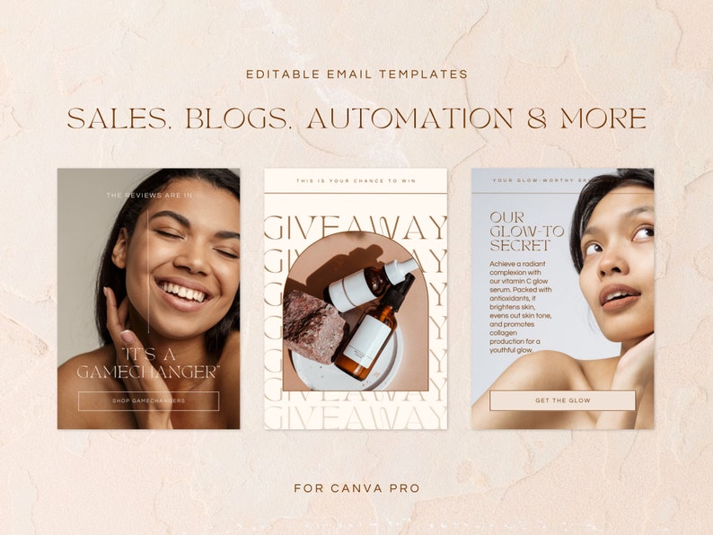 Editable email templates for ecommerce skincare brands. Made for Canva and Mailchimp, Klaviyo. Includes flows, campaigns and seasonal templates. Light, pink, modern and bright templates, minimalist. Newsletter