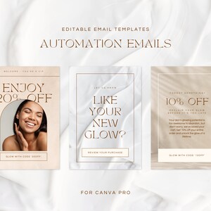 Editable email templates for ecommerce skincare brands. Made for Canva and Mailchimp, Klaviyo. Includes flows, campaigns and seasonal templates. Light, pink, modern and bright templates, minimalist. Newsletter