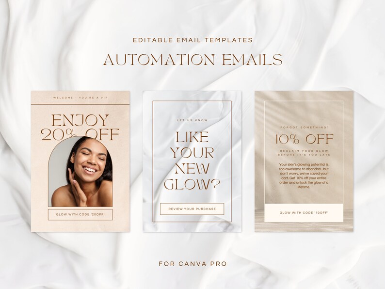 Editable email templates for ecommerce skincare brands. Made for Canva and Mailchimp, Klaviyo. Includes flows, campaigns and seasonal templates. Light, pink, modern and bright templates, minimalist. Newsletter