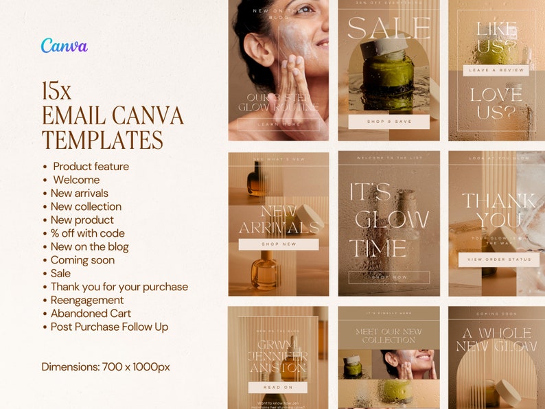 Editable email templates for ecommerce skincare brands. Made for Canva and Mailchimp, Klaviyo. Includes flows, campaigns and seasonal templates. Light, pink, modern and bright templates, minimalist. Newsletter